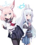  2girls animal_ears black_gloves black_pantyhose black_sailor_collar black_skirt blue_archive blue_eyes blue_halo blue_serafuku blue_skirt blush closed_mouth eko fake_animal_ears fingerless_gloves fox_ears gloves grey_hair halo long_hair long_sleeves looking_at_viewer miyako_(blue_archive) multiple_girls neckerchief niko_(blue_archive) open_mouth pantyhose pink_hair pink_neckerchief pleated_skirt rabbit_ears red_neckerchief sailor_collar school_uniform serafuku short_hair simple_background skirt smile two-tone_skirt violet_eyes white_background white_sailor_collar white_skirt 