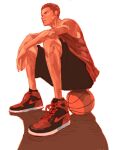  1boy archived_source bad_link ball basketball basketball_(object) basketball_uniform black_shorts brown_hair buzz_cut closed_mouth full_body kmgr male_focus nike_(company) oekaki red_shirt sakuragi_hanamichi shirt shoes short_hair shorts sitting slam_dunk_(series) sneakers solo sportswear tank_top very_short_hair white_background 