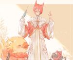  1boy alpha_(ff14) alternate_costume blush bow chocobo closed_eyes crystal_exarch final_fantasy final_fantasy_xiv g&#039;raha_tia hands_up holding long_sleeves male_focus material_growth omega_(final_fantasy) red_bow red_eyes redhead robe short_hair smile tladpwl03 white_robe 