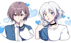  2girls bang_dream! bang_dream!_it&#039;s_mygo!!!!! black_choker blue_eyes blue_jacket blush choker closed_mouth commentary_request ear_piercing earrings grey_hair hand_up heart heterochromia highres jacha_gam jacket jewelry kaname_raana korean_commentary medium_hair multiple_girls piercing red_eyes shirt short_hair simple_background smile takamatsu_tomori tongue tongue_out upper_body white_background white_hair white_shirt yellow_eyes 