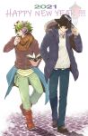  2021 2boys belt black_eyes black_hair blue_jacket blue_pants book closed_mouth detective earmuffs fingerless_gloves fur_trim fuuto_(city) fuuto_tantei gloves green_hair hair_between_eyes hair_over_one_eye happy_new_year hidari_shoutarou highres holding hood hood_down jacket kamen_rider kamen_rider_w male_focus multiple_boys necktie pants philip_(kamen_rider) red_footwear red_necktie sato_masaki_(masayakofu) sweater winter winter_clothes 