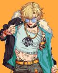  1boy alternate_costume arm_tattoo aventurine_(honkai:_star_rail) belt belt_buckle black_choker black_jacket blonde_hair buckle choker earrings fur_trim glasses hair_between_eyes highres honkai:_star_rail honkai_(series) jacket jewelry looking_at_viewer midriff midriff_peek neck_tattoo nest_virgo one_eye_closed orange_background ring shirt short_hair simple_background stomach_tattoo tattoo tongue tongue_out violet_eyes watch watch 