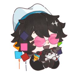  1boy 1girl :3 ^_^ black_eyes black_gloves black_hair black_jacket chibi chibi_only closed_eyes closed_mouth colored_skin gloves hat huai_huizhi huai_yunqing jacket lazhuzhehuola open_mouth outline pink-tinted_eyewear round_eyewear short_hair short_twintails simple_background smile tinted_eyewear touqi_guaitan transparent_background twintails white_hat white_outline white_skin 