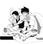  2boys :d angry barefoot beer_can can controller drink_can game_controller greyscale hair_over_eyes he_cco hibino_kafka highres indoors kaijuu_no._8 male_focus monochrome multiple_boys muscular muscular_male narumi_gen open_mouth pillow shirt shorts sitting smile sweat t-shirt tank_top 