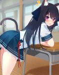  1girl :o absurdres animal_ear_fluff animal_ears ao_no_kanata_no_four_rhythm arm_support black_hair blue_ribbon blue_sailor_collar blue_skirt blurry blurry_background blush cat_ears cat_girl cat_tail classroom commentary desk feet_out_of_frame frilled_skirt frills from_side hair_between_eyes hair_ornament hair_ribbon high-waist_skirt highres indoors kemonomimi_mode leaning_forward long_hair looking_at_viewer motion_lines notice_lines open_mouth pleated_skirt pororo_(r_pororo) red_ribbon ribbon sailor_collar school_desk school_uniform serafuku shirt short_sleeves skirt solo standing straight_hair tail thighs tobisawa_misaki violet_eyes white_shirt x_hair_ornament 