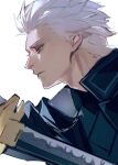  1boy blue_coat blue_eyes closed_mouth coat devil_may_cry_(series) devil_may_cry_5 hair_slicked_back holding holding_sword holding_weapon katana male_focus solo sword vergil_(devil_may_cry) weapon white_hair www_(1184187582) yamato_(sword) 