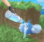 animal_focus commentary_request drinking english_commentary outdoors soda_pop_(pokemon) swablu