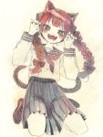  1girl :d alternate_costume animal_ears black_skirt braid cat_ears cat_girl cat_tail commentary_request fangs full_body hands_up highres kaenbyou_rin loafers long_hair long_sleeves looking_at_viewer multiple_tails neckerchief paw_pose red_eyes red_neckerchief redhead sasa6666s school_uniform seiza serafuku shirt shoes sitting skirt smile solo tail touhou twin_braids two_tails white_shirt 