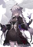  1girl angel angel_wings animal_ears arknights black_coat black_dress black_gloves blue_gloves buttons closed_mouth coat commentary_request dress gloves grey_eyes grey_hair hair_ornament hairclip holding lappland_(arknights) lappland_(refined_horrormare)_(arknights) long_hair looking_at_viewer official_alternate_costume open_clothes open_coat scar scar_across_eye scar_on_face short_dress solo soukou_makura wings wolf_ears wolf_girl 