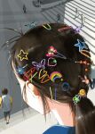  1girl absurdres brown_hair butterfly_hair_ornament flower_hairpin from_above from_behind hair_ornament hairpin heart heart_hair_ornament highres long_hair lucarios multiple_hairpins original ponytail rainbow_hair_ornament smile_emoji solo_focus star_(symbol) star_hair_ornament too_many_hairclips 