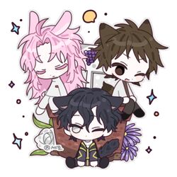  3boys ahoge animal_ears black_footwear black_hair black_pants blank_speech_bubble brown_eyes brown_hair brown_shirt cat_boy cat_ears cat_tail chibi chibi_only closed_mouth colored_eyelashes commentary flower fox_boy fox_ears fox_tail grey_outline harada_minoru hatsutori_hajime jacket kemonomimi_mode lowres male_focus multiple_boys one_eye_closed open_clothes open_jacket open_mouth pants parted_bangs pink_hair purple_flower rabbit_boy rabbit_ears rose saibou_shinkyoku shirt simple_background smile speech_bubble symbol-only_commentary t1fdc tail utsugi_noriyuki white_background white_flower white_footwear white_jacket white_pants white_rose white_shirt yellow_eyes 