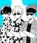  3boys collared_shirt crossed_arms daut_barret earrings facial_mark genjitsu_o_miro glasses hawaiian_shirt headband highres jewelry lance_crown mashle monochrome multiple_boys orter_madl planet_earrings shirt short_hair spiky_hair upper_body 