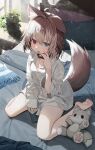  1girl :d animal_collar animal_ear_fluff animal_ears bare_legs barefoot bed blue_eyes breasts brown_hair collar dog_ears dog_girl dog_tail ear_down feet full_body hasuki_rui heterochromia highres indie_virtual_youtuber light_brown_hair long_sleeves looking_at_viewer mamemochi medium_hair multicolored_hair no_pants on_bed open_mouth pillow plant potted_plant red_eyes second-party_source shirt sitting small_breasts smile soles stuffed_animal stuffed_dog stuffed_toy tail toes two-tone_hair virtual_youtuber wariza white_shirt 