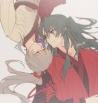  2boys archer_(fate/samurai_remnant) black_hanfu chinese_clothes chinese_hairpin closed_eyes face-to-face fate/samurai_remnant fate_(series) green_hair grey_hair hair_ornament hanfu high_ponytail highres long_hair looking_at_another low-tied_sidelocks male_focus multicolored_hair multiple_boys orange_eyes pinus_00 ponytail red_hanfu red_robe robe sidelocks simple_background streaked_hair tassel tassel_hair_ornament white_background white_hair white_hanfu xiao_guan_(headdress) zheng_chenggong_(fate) 