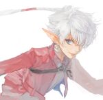  1girl alisaie_leveilleur bad_id bad_twitter_id blue_eyes chest_belt collared_jacket earrings elezen elf final_fantasy final_fantasy_xiv grey_shirt hair_over_one_eye hair_ribbon highres jacket jewelry koulin_ff14 long_hair looking_at_viewer one_eye_covered pointy_ears ponytail red_jacket ribbon shirt simple_background smile solo upper_body white_background white_hair 