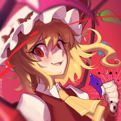  1girl ascot blonde_hair boa_(brianoa) collared_shirt commentary crushing crystal english_commentary fang flandre_scarlet hat highres long_hair looking_at_viewer mob_cap open_mouth red_background red_eyes red_vest shirt simple_background smile solo touhou twitter_username upper_body vest white_hat white_shirt wings yellow_ascot 