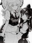  2girls absurdres apron ascot bow braid closed_mouth collared_shirt detached_sleeves expressionless frilled_bow frilled_hair_tubes frills greyscale hair_bow hair_tubes hakurei_reimu hashtag-only_commentary highres holding_hands kirisame_marisa long_hair looking_at_another monochrome multiple_girls ribbon-trimmed_sleeves ribbon_trim shirt simple_background single_braid stardustreverle sweatdrop touhou vest waist_apron white_background yuri 