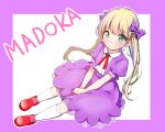  1girl blonde_hair border bow character_name commentary_request dress frilled_bow frills from_above green_eyes hair_bow long_hair looking_at_viewer looking_up madoka_(twinbee) outline puffy_short_sleeves puffy_sleeves purple_border purple_bow purple_dress red_footwear red_ribbon ribbon saburouta_(hox-666) short_sleeves solo thigh-highs twinbee white_background white_outline white_thighhighs 