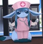  all_fours blue_fur blue_tail extra_arms glaceon hat indoors nagasaki_wonderful nurse nurse_cap pokemon pokemon_(creature) pool wooden_floor 