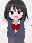  1girl @_@ black_eyes black_hair black_sweater_vest bow bowtie commentary_request highres medium_hair open_mouth original pov reaching reaching_towards_viewer red_bow red_bowtie smile solo sweater_vest tawasiupa upper_body 