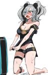  1girl @_@ arknights bare_shoulders blush cleavage_cutout clothes_pull clothing_cutout ert_raitsui feater_(arknights) grey_hair highres infection_monitor_(arknights) kneeling melting messy_hair midriff navel off_shoulder shirt_pull shorts sketch sweat thigh_strap white_background 