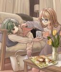  2girls bag blanket blurry blurry_background blurry_foreground bouquet brown_hair closed_mouth coffee_table collared_shirt commentary_request couch cup curtains depth_of_field flipped_hair flower_request frilled_sleeves frills furrowed_brow glasses green_hair hair_intakes handbag highres holding holding_cup idolmaster idolmaster_million_live! indoors jacket kneeling lamp long_hair long_sleeves looking_at_another lying magazine_(object) medal medium_hair multiple_girls nightgown on_couch on_side open_mouth outstretched_arm pajamas pillow purple_nightgown raised_eyebrows red_eyes shirt sidelocks smile steam table tanupon tenkubashi_tomoka thick_eyelashes tokugawa_matsuri under_covers unworn_jacket vase white_bag white_pajamas 