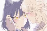  2girls animal_ears black_hair blake_belladonna blonde_hair blush cat_ears closed_mouth commentary eye_contact fingerless_gloves gloves hand_on_another&#039;s_face highres kyrus_hiki looking_at_another multiple_girls parted_lips portrait rwby short_hair smile violet_eyes yang_xiao_long yellow_eyes yuri 