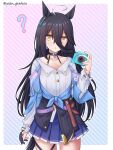  ? ahoge alternate_costume animal_ears black_hair breasts camera commentary_request cosplay gloves hair_between_eyes hair_ornament highres holding holding_camera honkai:_star_rail honkai_(series) horse_ears horse_tail manhattan_cafe_(umamusume) march_7th_(honkai:_star_rail) ogura_yui open_mouth simple_background small_breasts tail twitter_username umamusume voice_actor_connection yellow_eyes yuusen_(aenka) 
