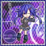  ! !! 1girl ankokuboshi_kurome black_footwear black_jacket blue_bow blue_bowtie blush bow bowtie breasts chagama_(tyagama0927) chibi choujigen_game_neptune commentary_request dark_persona flat_chest full_body hair_between_eyes hair_ornament highres jacket long_sleeves looking_at_viewer neptune_(series) one_eye_closed open_mouth plaid plaid_skirt purple_hair short_hair_with_long_locks single_stripe skirt solo translation_request 
