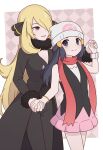  2girls argyle_background beanie black_hair black_shirt blonde_hair blush bracelet closed_mouth coat commentary_request cynthia_(pokemon) eyelashes fur_collar grey_eyes hair_ornament hair_over_one_eye hairclip hand_up hat highres hikari_(pokemon) holding_hands jewelry long_hair mozukusa multiple_girls pants pink_skirt pokemon pokemon_dppt red_scarf scarf shirt skirt sleeveless sleeveless_shirt smile white_hat 