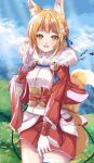  1girl :d animal_ear_fluff animal_ears blonde_hair blue_sky breasts clouds cowboy_shot day eyelashes fang fingerless_gloves fire_emblem fire_emblem_fates fox_ears fox_girl fox_tail fur_collar fuussu_(21-kazin) gloves hair_ornament hand_up hill jacket japanese_clothes kimono long_sleeves medium_breasts miniskirt multicolored_hair open_clothes open_jacket open_mouth orange_hair outdoors red_jacket red_skirt selkie_(fire_emblem) short_hair skirt sky smile solo streaked_hair tail tail_raised tassel two-tone_hair white_gloves white_kimono wide_sleeves yellow_eyes 
