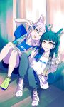  2girls :3 :d akroglam blue_hair blue_pants blue_shirt blunt_bangs closed_mouth commentary_request diamond-shaped_pupils diamond_(shape) full_body hair_ornament heterochromia indoors knees_up lena_(akroglam) long_hair looking_at_viewer multiple_girls nina_(akroglam) official_art open_mouth pants pink_eyes second-party_source shirt shoes short_sleeves siblings sisters sitting smile sweat symbol-shaped_pupils towel towel_around_neck twins v v_over_eye white_footwear white_hair white_shirt yellow_eyes yellow_nails 
