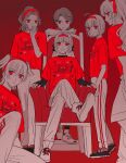  6+girls absurdres ahoge artist_request boots commentary_request crossed_legs daiba_nana hairband hanayagi_kaoruko highres honami_hisame long_hair looking_at_viewer monochrome multiple_girls otori_michiru pants ponytail red_eyes red_shirt saijou_claudine shirt shoes short_hair shoujo_kageki_revue_starlight shoujo_kageki_revue_starlight_-re_live- sitting sneakers standing track_pants yukishiro_akira 