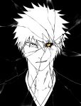  1boy 1girl absurdres black_kimono black_sclera bleach broken_glass close-up collarbone colored_sclera dual_persona eyebrows_hidden_by_hair frown glass gwao_(_ul_13) hair_between_eyes highres hollow_ichigo japanese_clothes kimono kurosaki_ichigo looking_at_viewer monochrome parted_lips partially_colored short_hair simple_background smile spiky_hair straight-on v-shaped_eyebrows yellow_eyes 