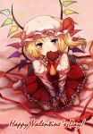  1girl asada_ryou ascot blonde_hair bow candy chocolate crystal_wings dress flandre_scarlet food frilled_dress frills from_above full_body hat hat_bow heart heart-shaped_chocolate looking_at_viewer on_bed red_eyes side_ponytail socks solo touhou valentine white_mob_cap yellow_ascot 