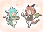  2boys animal_feet apron arm_behind_back blue_eyes chibi claws closed_eyes closed_mouth colored_eyelashes commentary_request cup dango dragon_boy dragon_ears dragon_horns dragon_tail dragon_wings eastern_dragon_horns eastern_dragon_tail fang fang_out food full_body green_kimono highres holding holding_tray horns hotathino japanese_clothes kimono looking_at_viewer male_focus monster_boy multiple_boys original pink_background pointy_ears redhead sanshoku_dango short_hair standing standing_on_one_leg tail teacup teapot tray vest wagashi waist_apron wings 