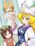  3girls against_glass animal_ears blonde_hair blue_tabard blush bow bowtie breasts brown_eyes brown_hair cat_ears chen commentary_request d: expressionless fingernails flat_chest gold_trim green_hat hair_between_eyes hand_on_own_hip hat height_difference highres holding holding_test_tube konna_reshiki kudamaki_tsukasa long_sleeves looking_at_another medium_breasts mini_person minigirl mob_cap multiple_girls open_mouth parted_lips red_vest short_hair tabard teeth test_tube touhou upper_teeth_only upturned_eyes vest white_bow white_bowtie wide_sleeves yakumo_ran yellow_eyes zoom_layer 