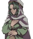  1girl cape chikefu dress fire_emblem fire_emblem:_thracia_776 green_dress green_eyes green_hair hand_on_own_chest highres hood looking_to_the_side medium_hair safy_(fire_emblem) simple_background solo white_cape 