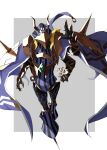  1boy armor avicebron_(fate) blonde_hair border cape claw_ring extra_arms fake_horns fate/grand_order fate_(series) full_body grey_background helmet highres horned_helmet horns joints male_focus medium_hair nagihana outside_border outstretched_arm pauldrons purple_cape robot_joints shoulder_armor simple_background solo white_border 