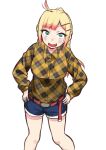  1girl absurdres ahoge belt blonde_hair blush breasts commentary_request denim denim_shorts doujima-kun_wa_doujinai fang feet_out_of_frame from_above gradient_hair green_eyes hair_ornament hairclip hands_on_own_hips highres himewaka_(doujima-kun_wa_doujinai) large_breasts long_hair long_sleeves looking_at_viewer looking_up multicolored_hair official_art open_mouth panyakawa plaid plaid_shirt red_belt shirt short_shorts shorts slit_pupils smile solo standing 