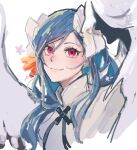  1girl blue_hair blush dizzy_(guilty_gear) flower guilty_gear guilty_gear_strive hair_flower hair_ornament highres looking_at_viewer official_alternate_costume official_alternate_hairstyle red_eyes sidelocks sketch smile thx_397 upper_body white_flower 
