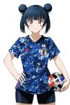  1girl adidas alternate_hairstyle ball barkhorn0331 black_shorts blue_hair blue_shirt blunt_bangs closed_mouth collarbone double_bun facial_tattoo hair_bun hand_on_own_hip highres holding holding_ball japanese_flag looking_at_viewer love_live! love_live!_sunshine!! patterned_clothing shirt short_sleeves shorts sidelocks soccer_ball soccer_uniform solo sportswear standing tattoo tsushima_yoshiko twintails upper_body v-shaped_eyebrows violet_eyes white_background 