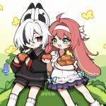  2girls :d aged_down ahoge animal_ears arlecchino_(genshin_impact) artist_name black_eyes black_jacket black_shorts blush bow clervie_(genshin_impact) dress dress_bow eye_contact feet_out_of_frame floppy_ears food frilled_dress frills fruit ganleneng genshin_impact green_eyes hair_over_one_eye hairband highres holding holding_food holding_fruit jacket kemonomimi_mode long_hair long_sleeves looking_at_another lumidouce_bell_(genshin_impact) multicolored_hair multiple_girls neck_ribbon on_grass one_eye_covered open_mouth outdoors persimmon pink_hair rabbit_ears ribbon short_hair shorts side-by-side sitting smile streaked_hair symbol-shaped_pupils triangle_mouth two-tone_hair white_dress white_hair white_hairband x-shaped_pupils 
