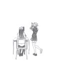  2girls commentary_request desk greyscale hands_up highres koori_chikage koyomania long_hair long_sleeves monochrome multiple_girls nogi_wakaba_wa_yuusha_de_aru school_desk shirt short_ponytail sitting skirt takashima_yuuna thigh-highs yuusha_de_aru 