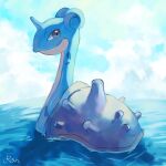  artist_name blue_skin colored_skin from_behind grey_hair horns lapras looking_at_viewer looking_back no_humans partially_submerged pokemon pokemon_(creature) rongai28 shell single_horn smile solo 