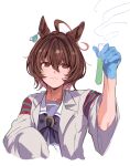  1girl agnes_tachyon_(umamusume) ahoge animal_ears bojue_(hakus_1128) closed_mouth coat commentary_request earrings gloves hair_ornament highres holding holding_test_tube horse_ears horse_girl jewelry lab_coat messy_hair open_clothes open_coat purple_shirt red_eyes sailor_collar shirt short_hair simple_background single_earring sleeves_past_fingers sleeves_past_wrists smile solo test_tube umamusume upper_body very_long_sleeves white_background white_coat 