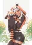  1girl animal black_overalls black_thighhighs bow fortnite freckles grin hair_bow highres holding holding_animal hood hoodie nekoramen222 one_eye_closed orange_eyes overalls red_lips red_nails red_panda red_panda_costume smile syd_(fortnite) thigh-highs white_hair 