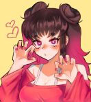 1girl :o bare_shoulders braid braided_bangs breasts brown_hair claw_pose collarbone double_bun eyelashes eyeshadow hair_bun heart heart_in_eye jouken1douji long_hair long_sleeves looking_at_viewer makeup multicolored_hair nail_polish original parted_lips pink_eyes pink_hair pink_nails red_shirt red_t-shirt shiny_skin shirt short_eyebrows simple_background solo symbol_in_eye upper_body yellow_background