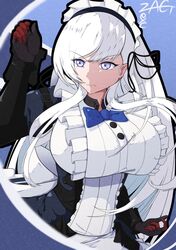  1girl absurdres armored_gloves azur_lane belfast_(azur_lane) belfast_(serene_steel)_(azur_lane) black_gauntlets blue_bow blue_bowtie bow bowtie buttons closed_mouth dress fighting_stance frilled_dress frills highres long_hair maid maid_headdress official_alternate_costume signature solo swept_bangs upper_body violet_eyes white_hair zaginexu 