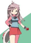  1girl black_wristband breasts brown_hair closed_mouth commentary_request eyelashes hat holding holding_clothes holding_hat holding_poke_ball jewelry leaf_(pokemon) long_hair milkpeachi necklace pleated_skirt poke_ball poke_ball_(basic) pokemon pokemon_frlg red_skirt shirt sidelocks skirt sleeveless sleeveless_shirt smile two-tone_background 
